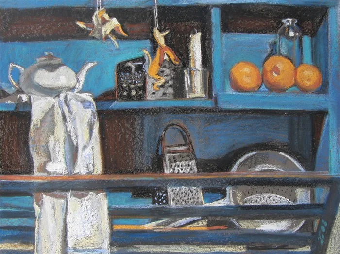 Синяя полка. 2008. т.б., пастель 55х60. В собрании Мурманского областного художественного музея