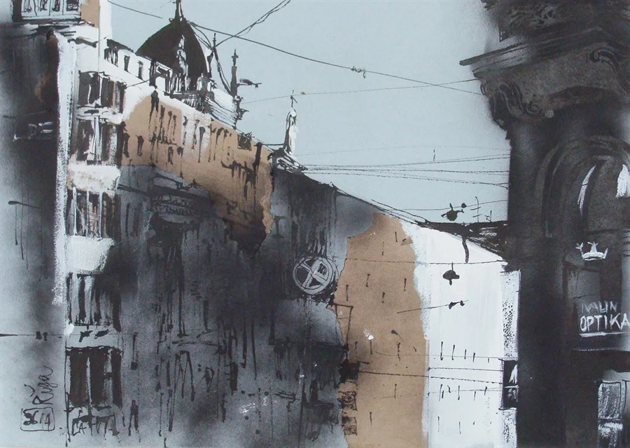 Лист 7. Б., тушь, акриловый спрей, гуашь. 40х60