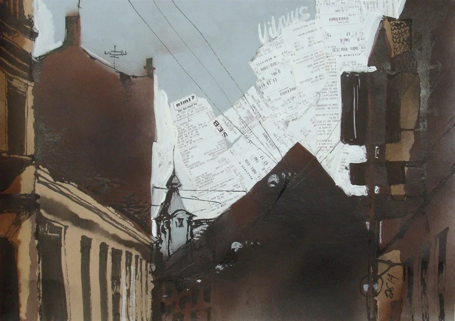 Лист 15. Б., чеки, тушь, акриловый спрей, гуашь. 40х60