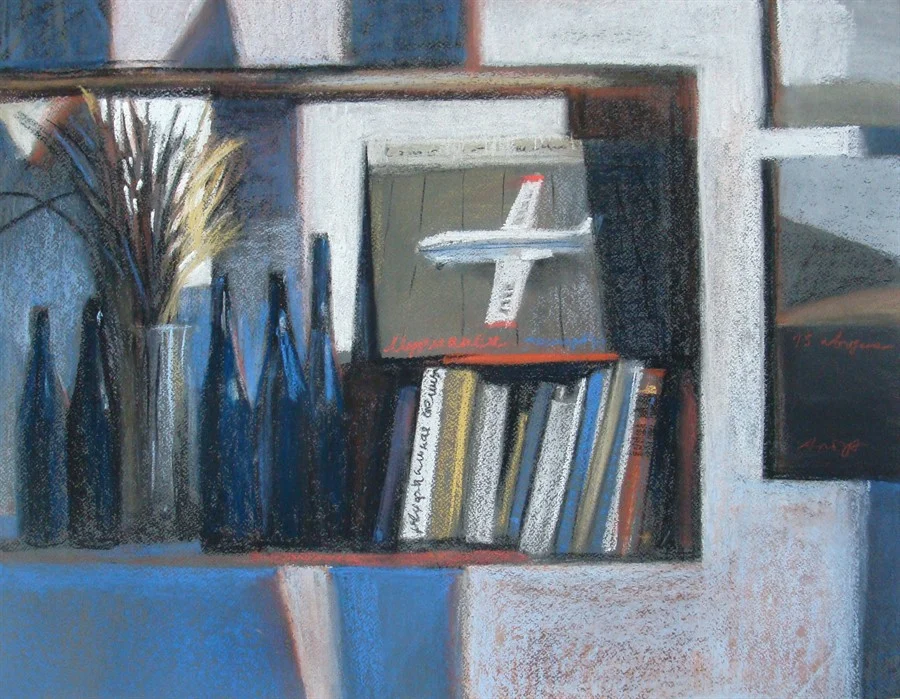 Полка в мастерской.2013. т.б., пастель. 50х65