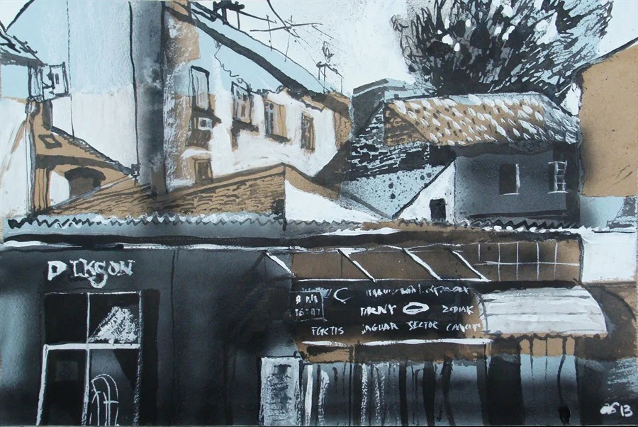 лист 5. 2013. т.б., белила, акрил. спрей, тушь, ассамбляж, 30х40.