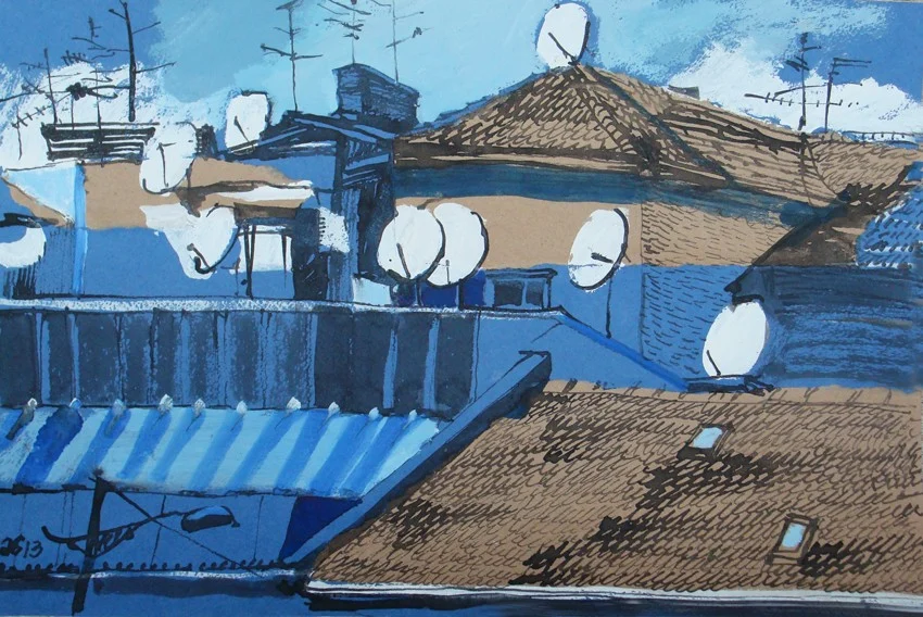 лист 11. 2013. т.б., белила, акрил. спрей, тушь, ассамбляж, 30х40. В частной собственности (Светлогорск)